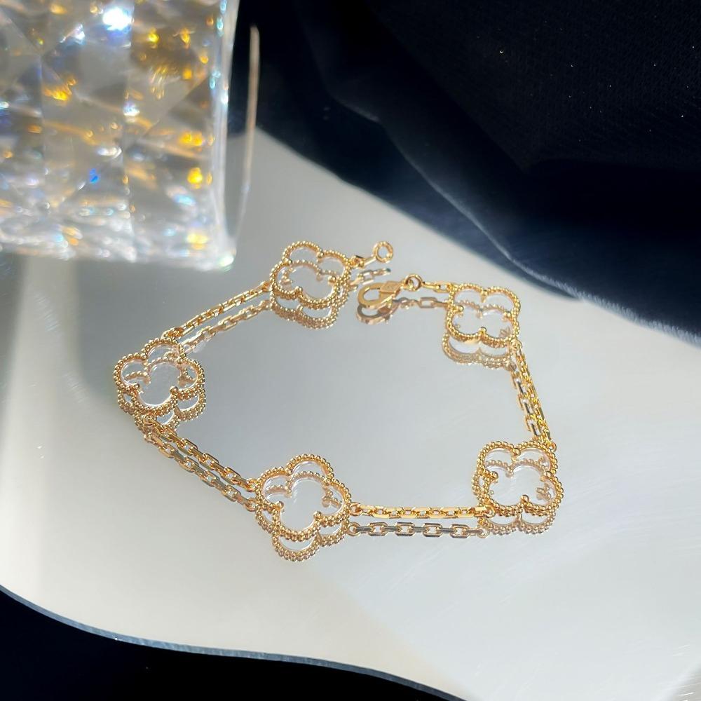 Bracelet Trèfle à Quatre Feuilles Version Haute Cinq Fleurs Calcédoine Violette Naturelle Gravé Laser CNC 18K Ne Se Décolore Pas Bracelet pour Dames