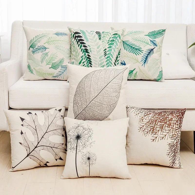 Green Plants and Flowers Cotton and Linen Pillow Customized Linen Car Pillow Sofa Pillow Cover Home Decoration