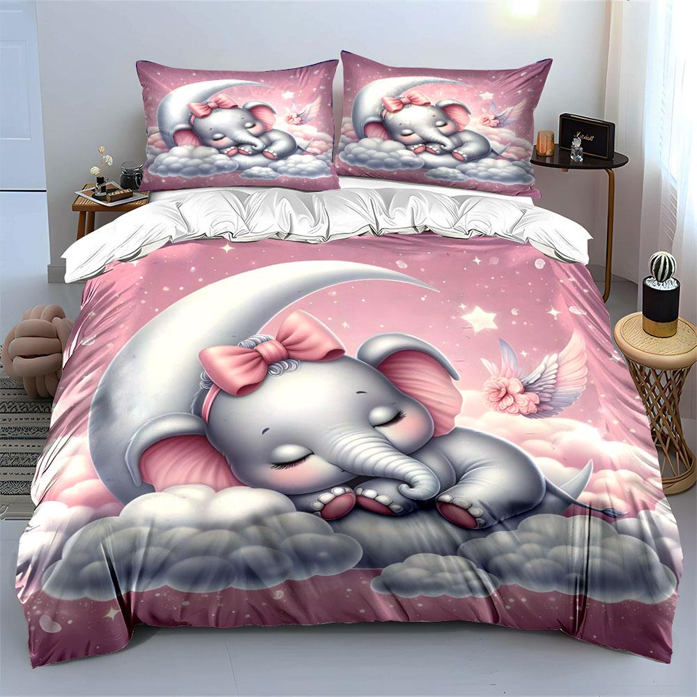 Dreamy Elephant On Crescent Moon Bedding Set For Kids Luxury Gift 3Pcs Digital Print Comforter Set Soft Comfortable Breathable