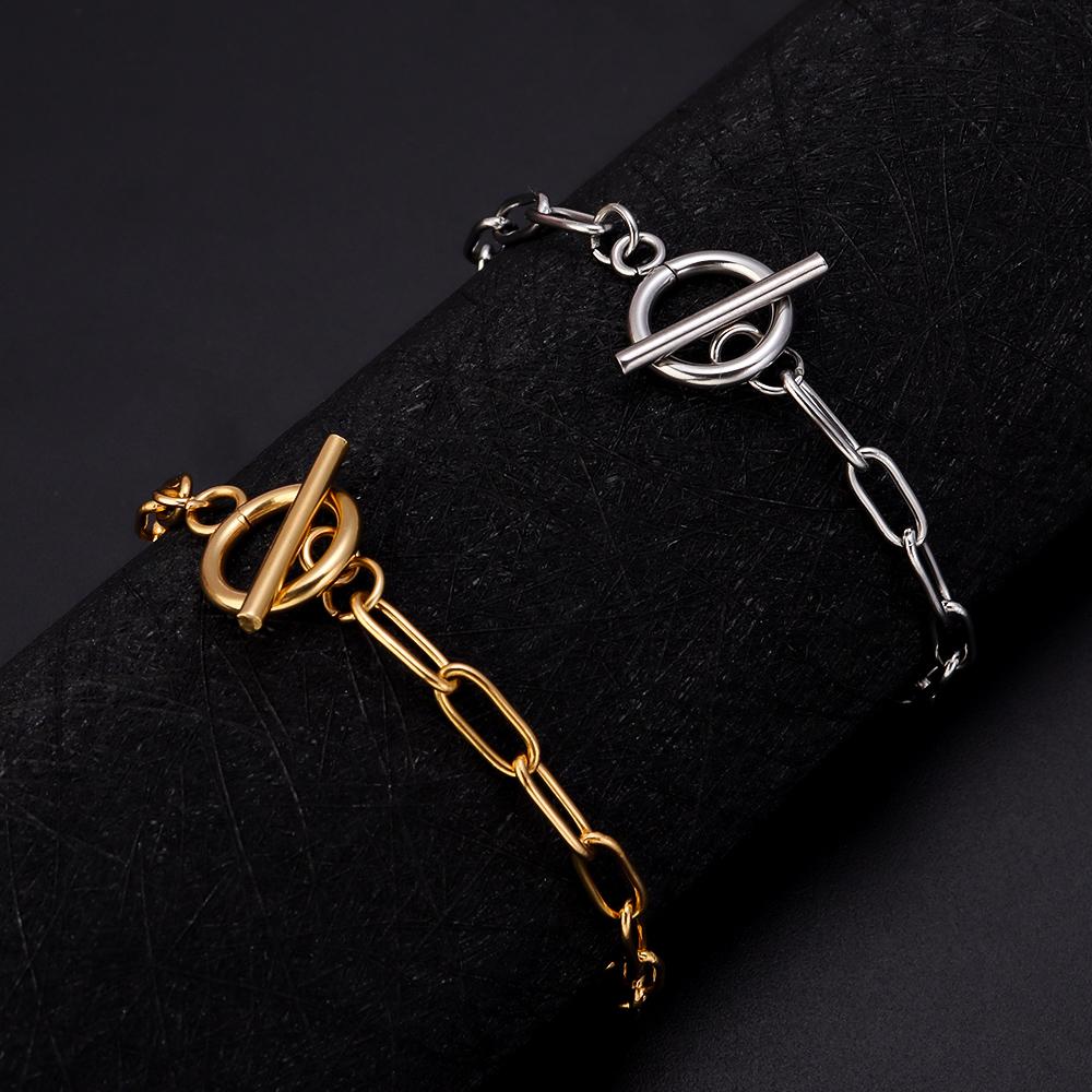 2Pcs Paperclip OT Buckle Bracelet Gold Steel Color Stainless Steel Chains for Women Men DIY Charm Bracelet Jewelry Accessories