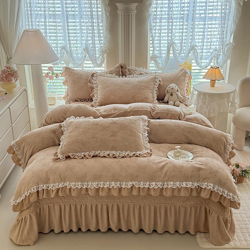 French Bed Cover Lace Thickened Milk Fleece Four-Piece Double-Sided Baby Fleece 1.8