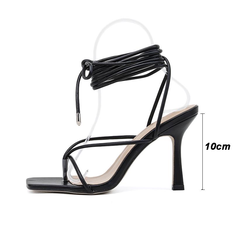 Summer Women Sandals Narrow Band Vintage Square Toe High Heels Cross Strap Thong Sandals Women V Shape Design Shoes Women