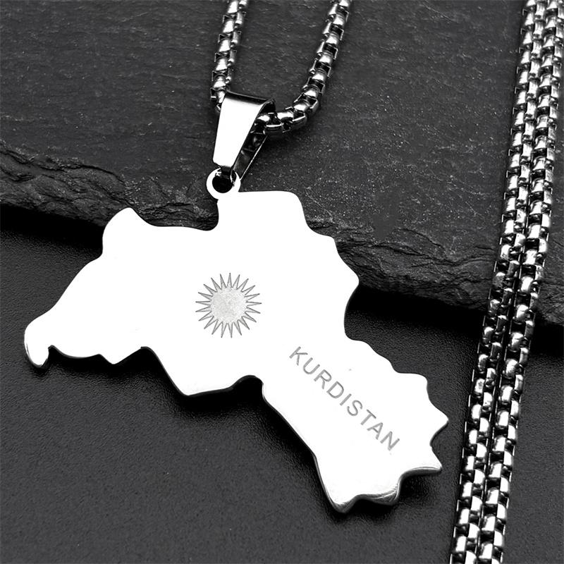 Kurdistán Mapa Vlajka Symbol Slunce Přívěsek Náhrdelník pro Muže Ženy Nerezová Ocel Zlatá Barva Etnický Národní Geografie Řetízek Šperky