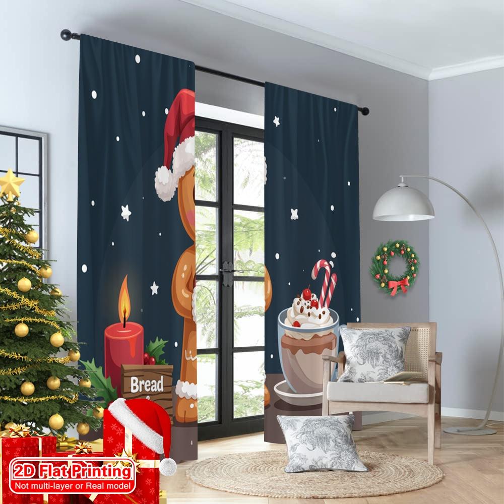 2pcs 2D flat printing Merry Christmas Popular Curtains Gingerbread man with hot cocoa and candle Polyester Without Electricity