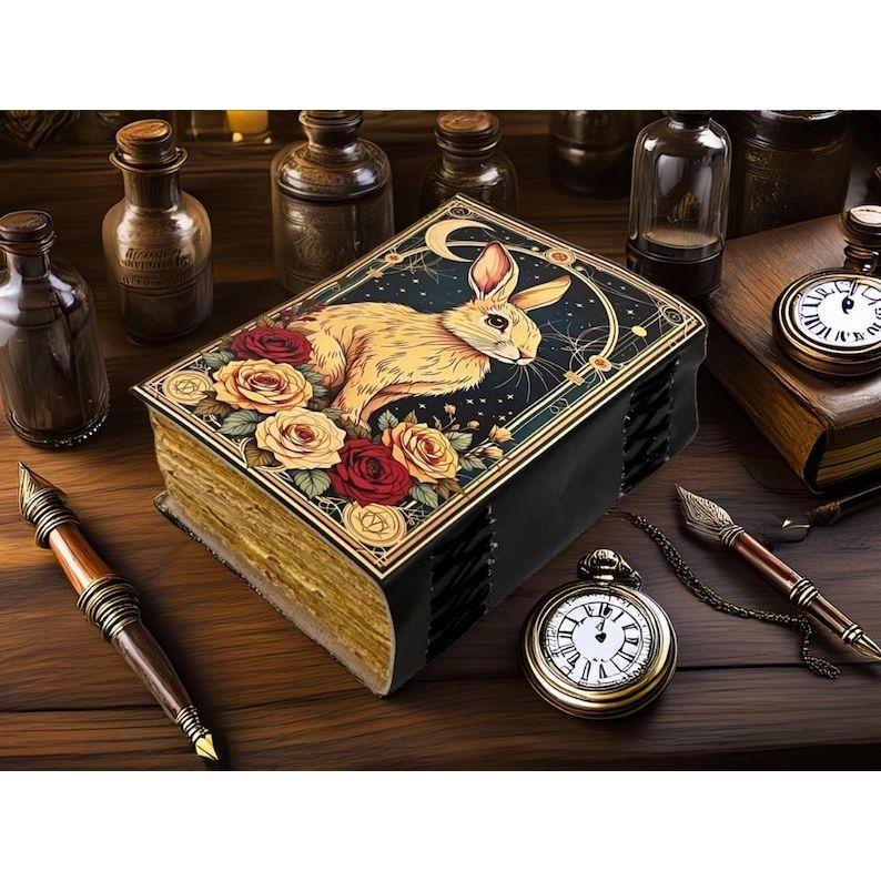 Handmade Leather Journal – Rabbit & Roses • Travel Diary / Sketchbook • Gift for Animal Lover