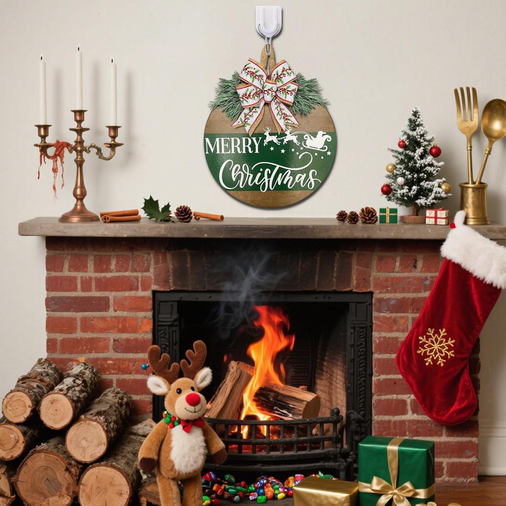 Christmas Door Signs Wooden Front Door Signs Craft With Bow And Fake Plant Reindeer Pattern For Living Room Party Yard
