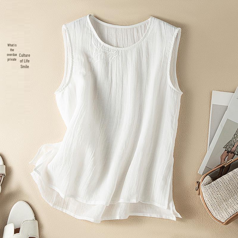 2026 Elegant Summer Double-Layer Linen Sleeveless T-shirt XXL