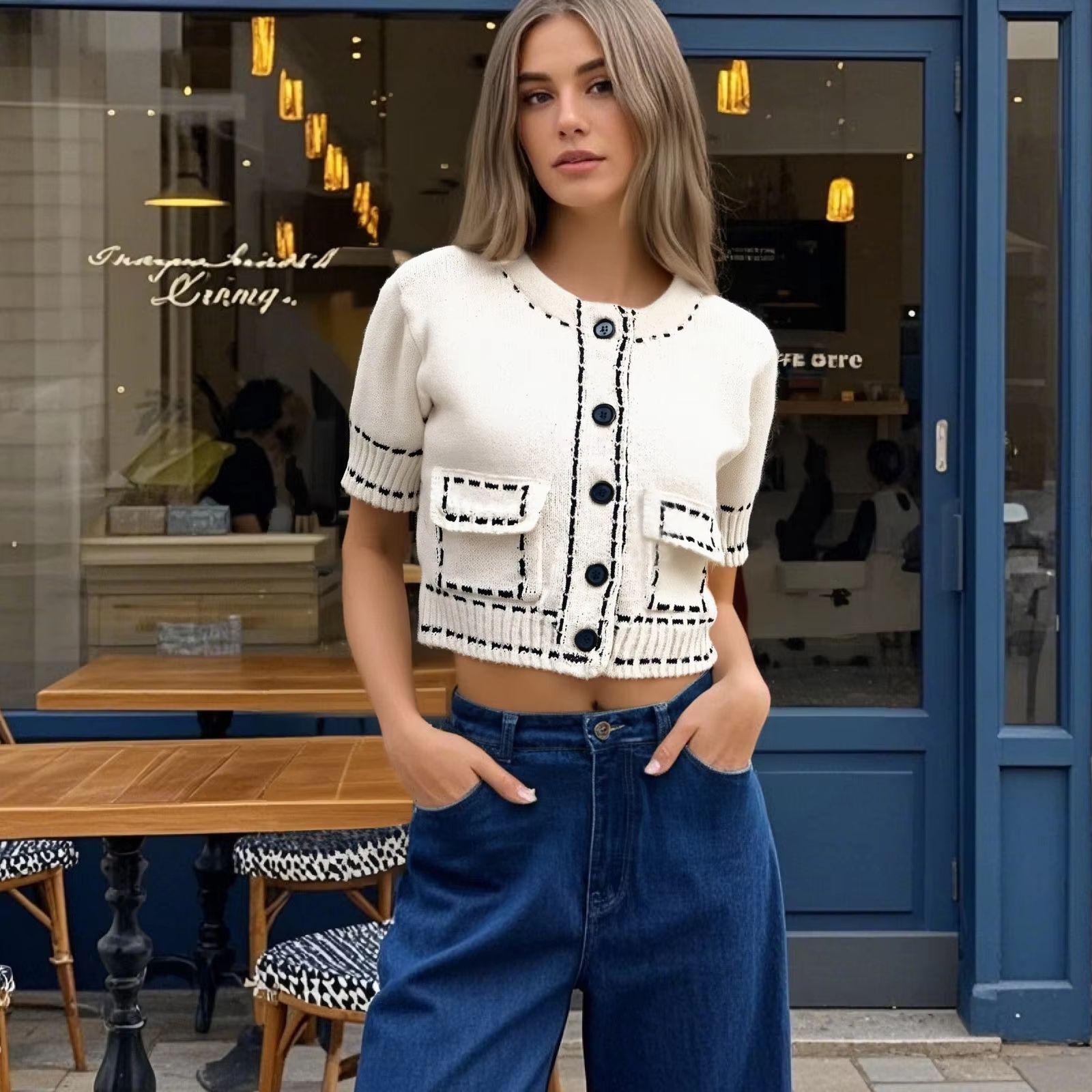 

2025 Spring/Summer Women s Slim Fit Stitched Short-Sleeve Knitted Cardigan Medium