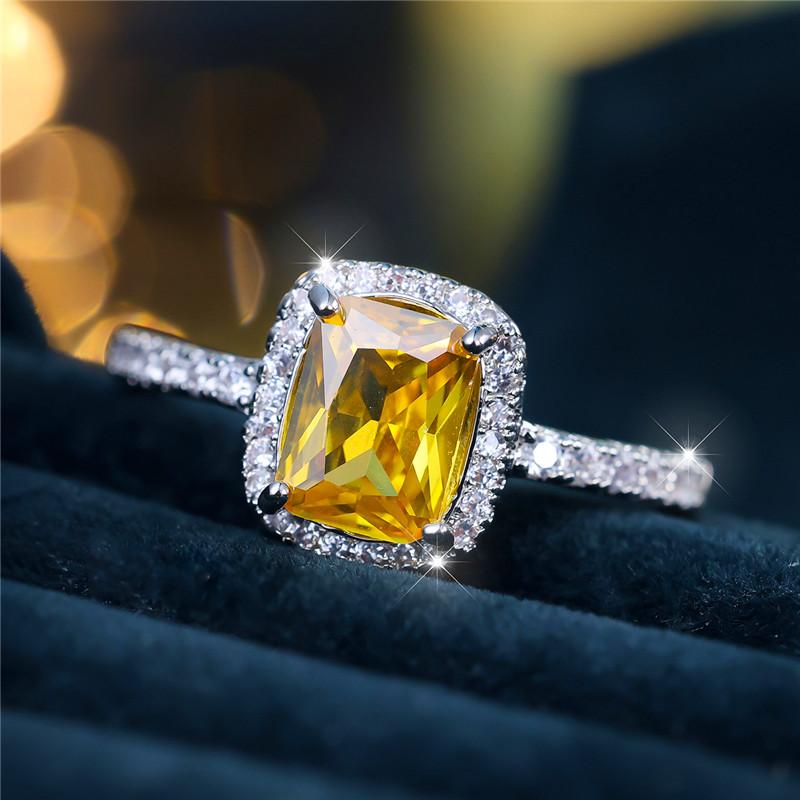 Charm Female Yellow Square Zircon Stone Ring Cute Silver Color Summer Wedding Jewelry For Women
