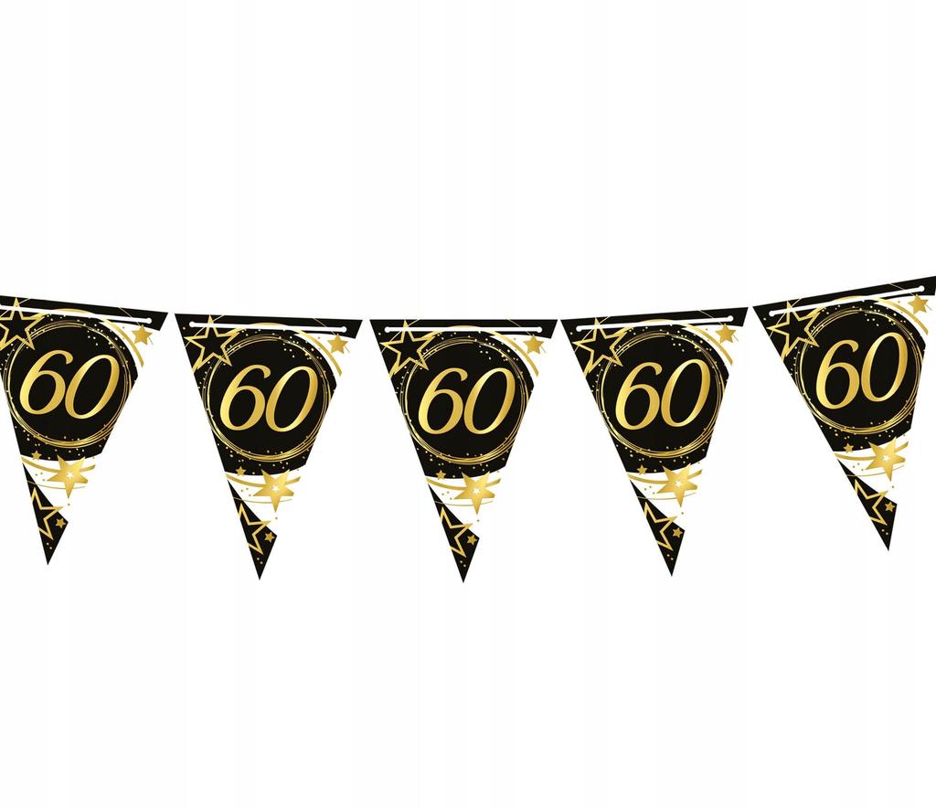 Baner Flagi Girlanda Papierowa 60 Urodziny Czarny Złoty Party 300Cm