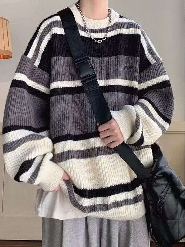 Men's Retro Japanese Striped Knitted Sweater Jacket - Autumn/Winter, Thick & Trendy