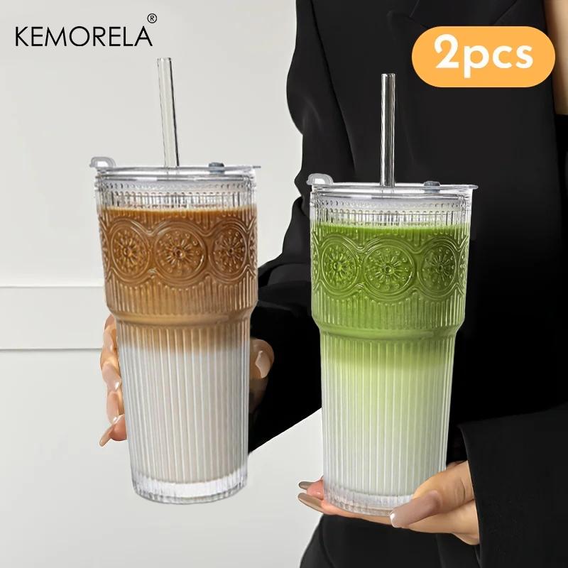 1/2PCS 600ML Floral Glass Tumblers Coffee Cup With Lid and Straw Transparent Drinking Glasses for Juice Coffee Mugs Drinkware