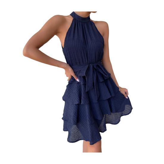 Women Halter Sleeveless Dress Ruffle Layered Swing Dress Loose Lightweight Elegant Solid Color