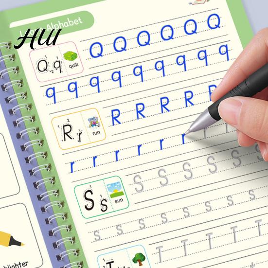 Kids Writing Practice 4Pcs Grooved Book with Pens Refills Pencil Gripper Reusable Handwriting Workbooks Alphabet Tracing Learning Children Workbook