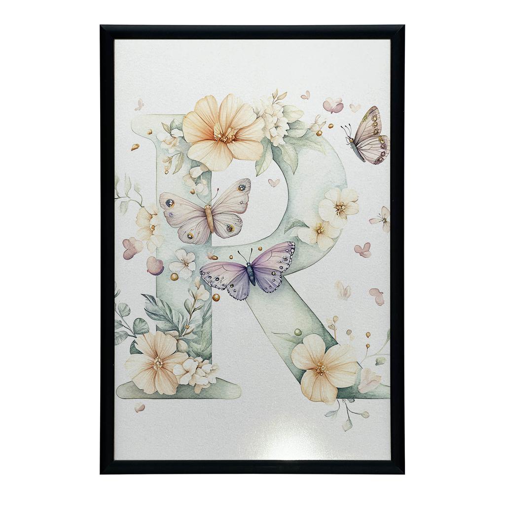 Plakat Literka "R" W Kwiatach I Motylach Plakat Literka "R" W Kwiatach I Motylach, 30X40 Cm, Bez Ramy, Płótno Premium Na Blejtramie