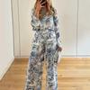 Women's Loose Fit Two Piece Matching Set Long Sleeve Collar Shirt Elastic Waist Wide Leg Pants