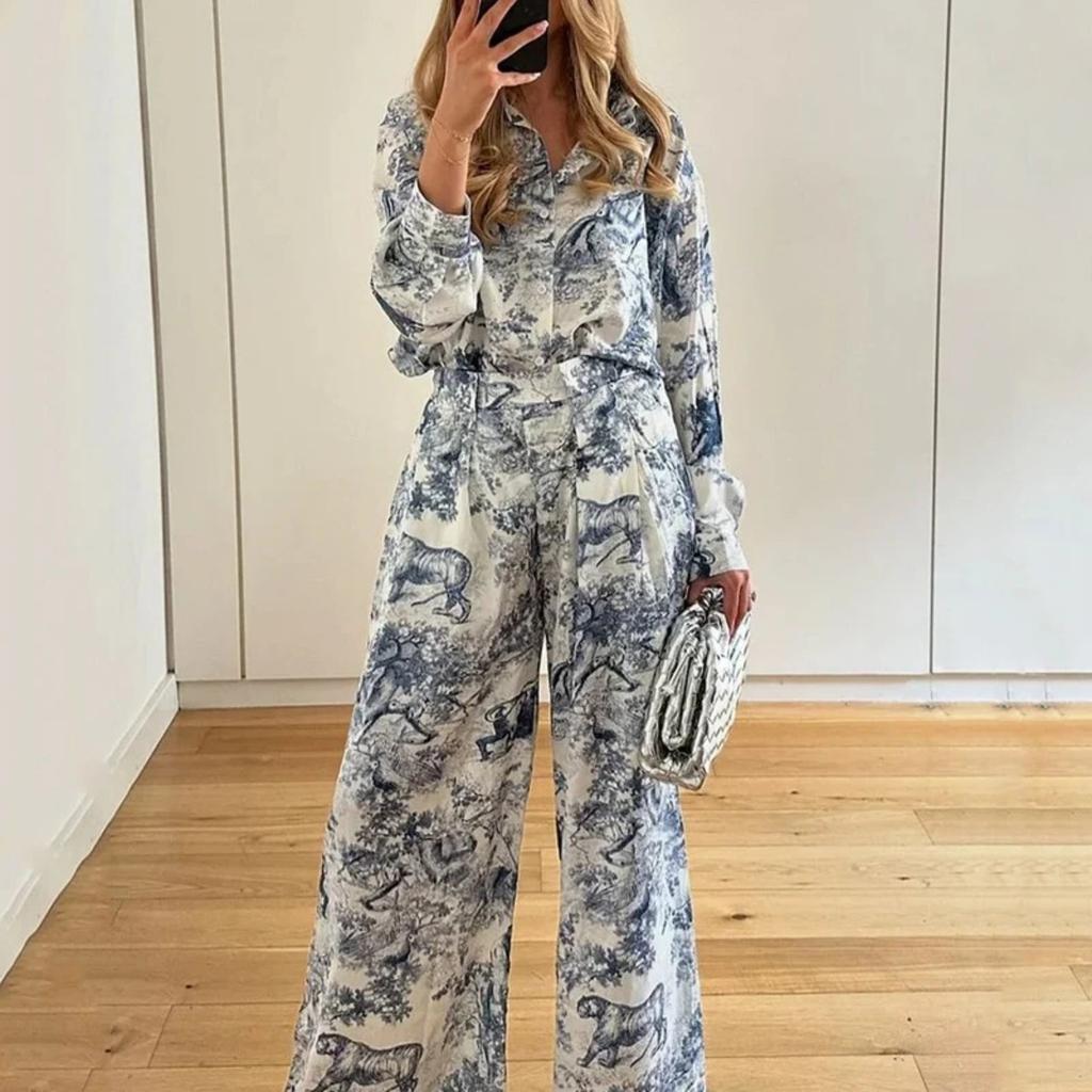 Women's Loose Fit Two Piece Matching Set Long Sleeve Collar Shirt Elastic Waist Wide Leg Pants