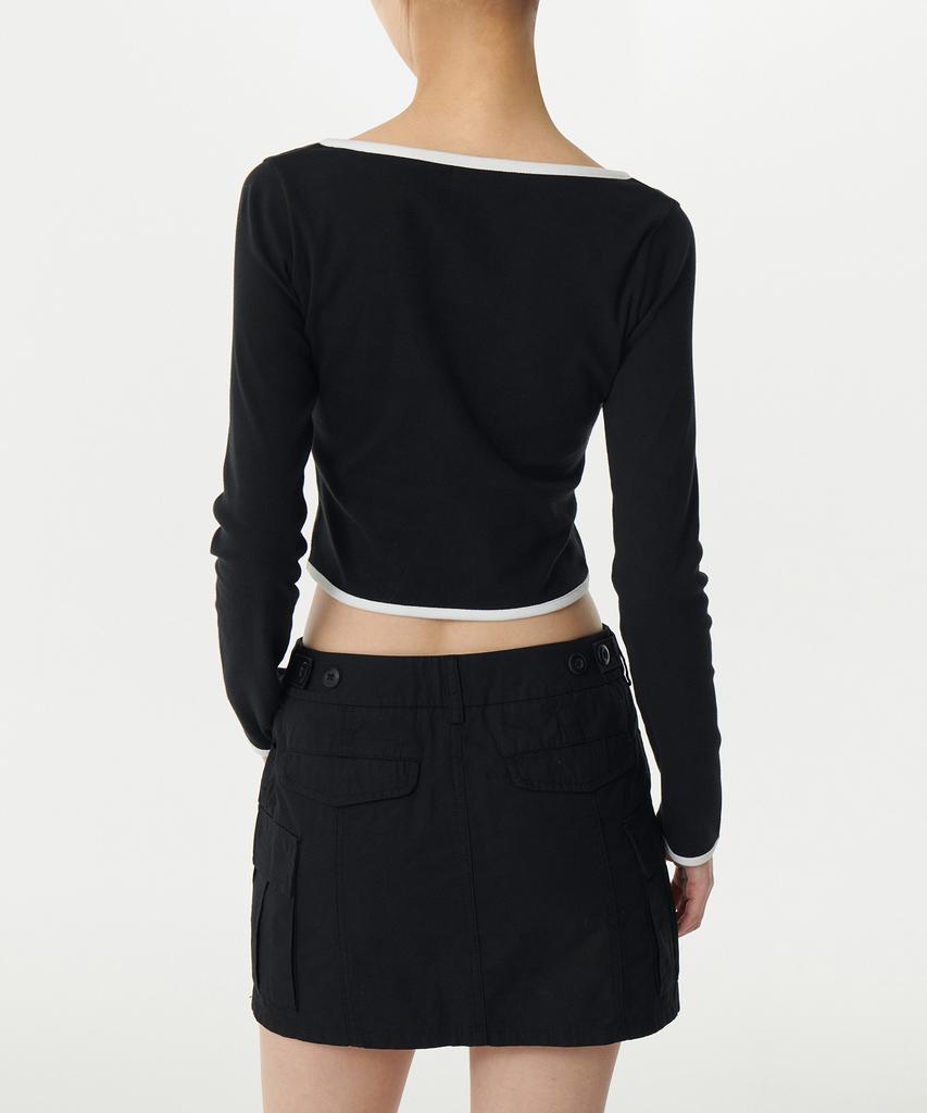 MUSINSA STANDARD WOMAN Women'S Slim Crop Square Neck Ringer Long Sleeve T-Shirt [Black/White]