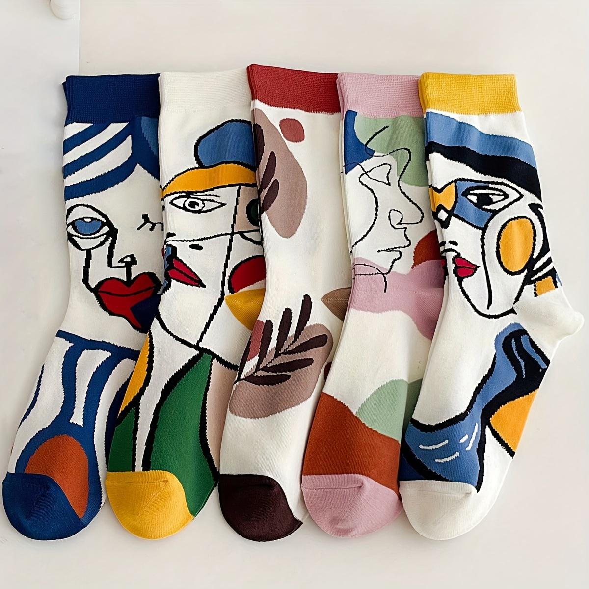 

Набор из 5 пар женских носков до середины икры с абстрактными узорами масляной живописи, модные универсальные носки с круглым вырезом для повседневной одежды One-size