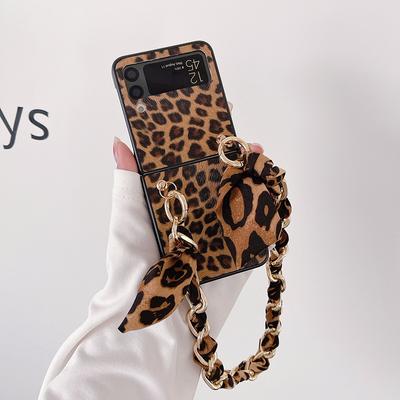 Woman Sexy Leopard Print Pu Leather Phone Case For Samsung Galaxy Z Flip 3 4 5g Back Cover With Portable Chain Of Silk Scarves