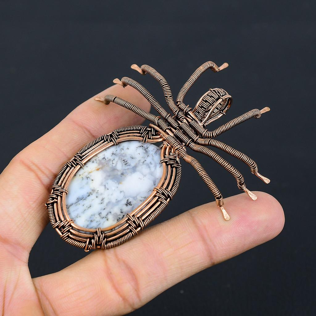 Natural Dendrite Opal Stone Handmade Copper Wire Wrap Spider Pendant 2.56" D2a77