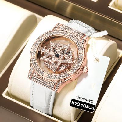 Luxuriöse Damen-Armbanduhr mit fünfzackigem Stern, voller Diamanten, hochwertige wasserdichte Leder-Quarzuhr für Damen, Roségold, Kleideruhr