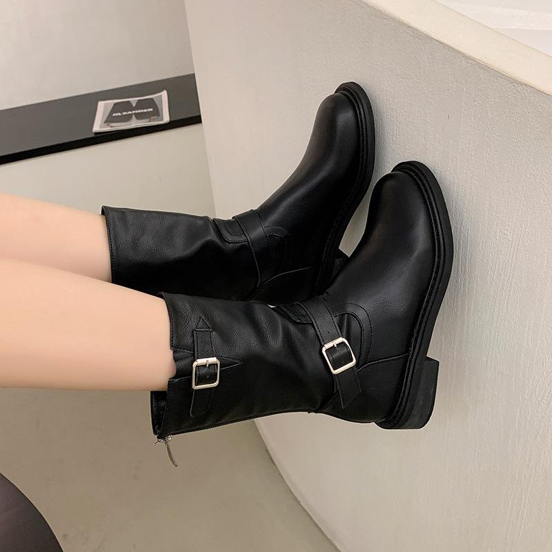 Hongtong Free and Easy Spice Girls~ Coarse Heel Fashion Boots Women's 2025 Autumn Maillard Wind Mid-tube Western Boots Martin Boots Women