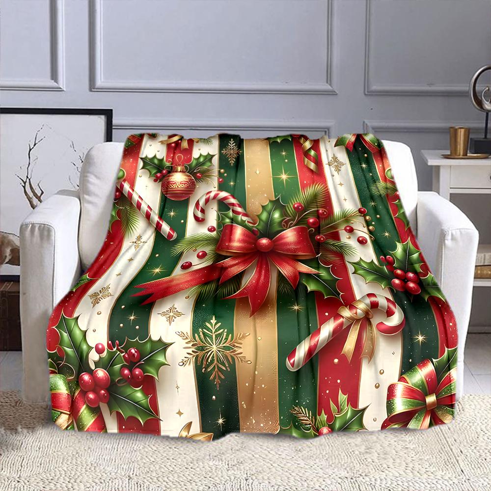 Festive Christmas Stripes and Ornaments Patterned Flannel Blanket Perfect for the Bedroom Living Room, Sofa, or a Little Nap