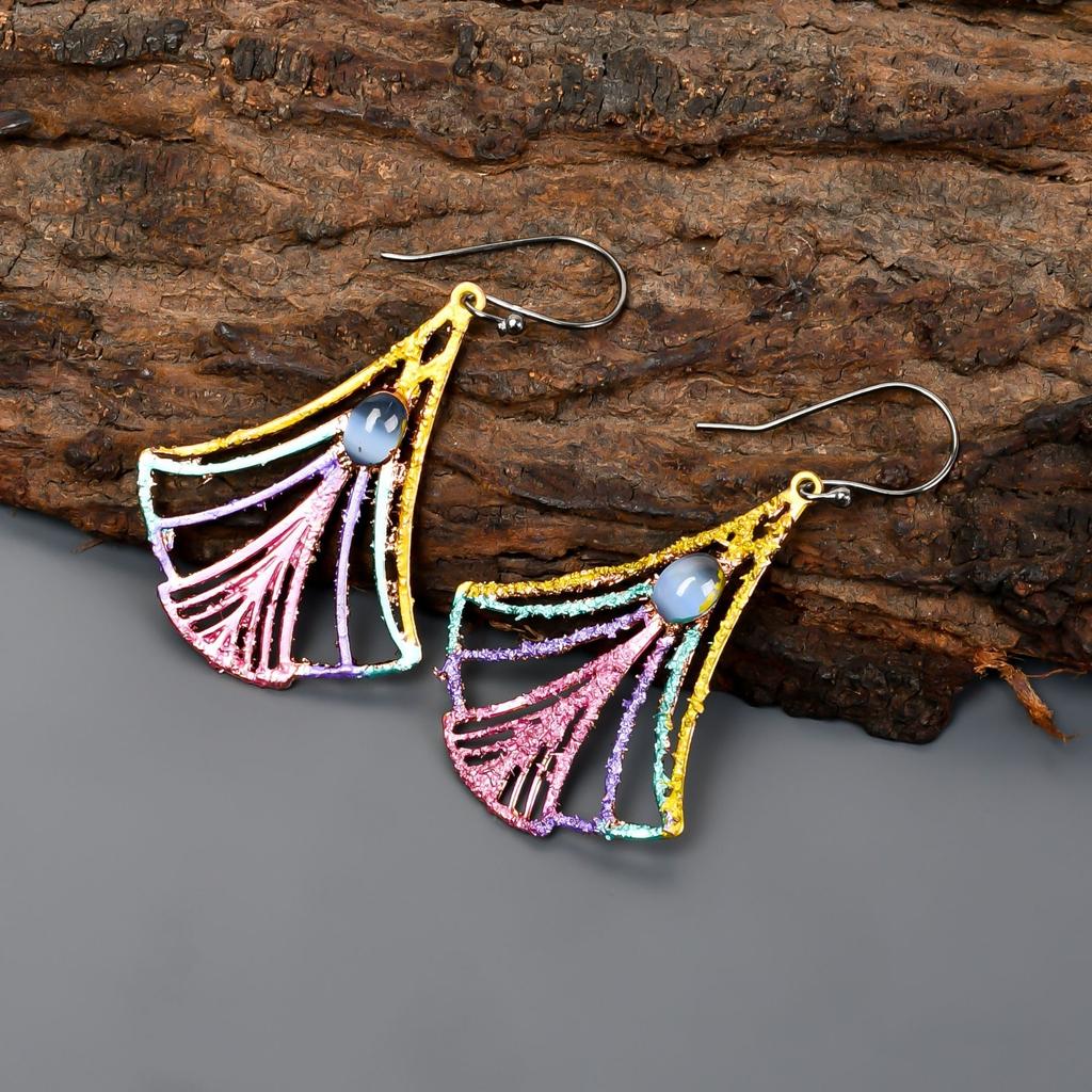 Natural Blue Cats Eye Silver Plated Drop Dangle New Multi Electroformed Earrings V-89