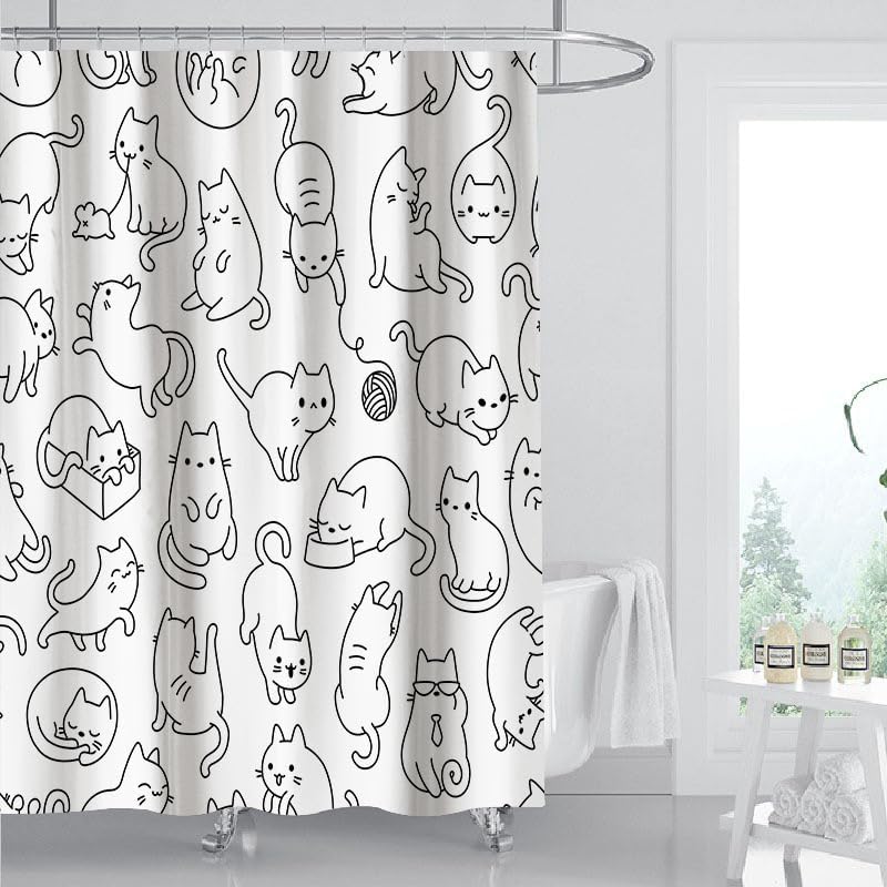 Shower Curtain for Bathroom with Hooks, Black and White Cute Cartoon Colorful Kittens Funny  Long Cloth Fabric Shower Curtain