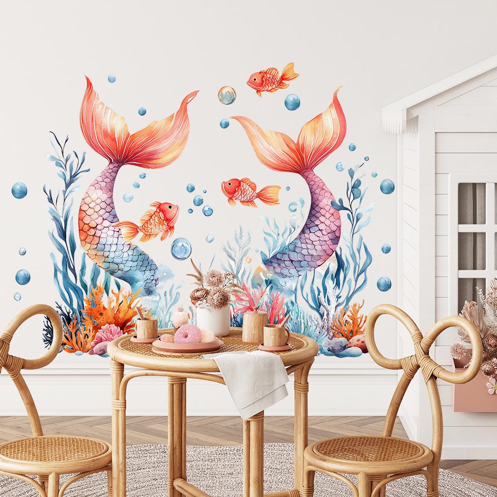 2 Pcs Creative Mermaid Tail Coral Seaweed Bedroom Living Room Background Landscaping Decoration Wall Stickers