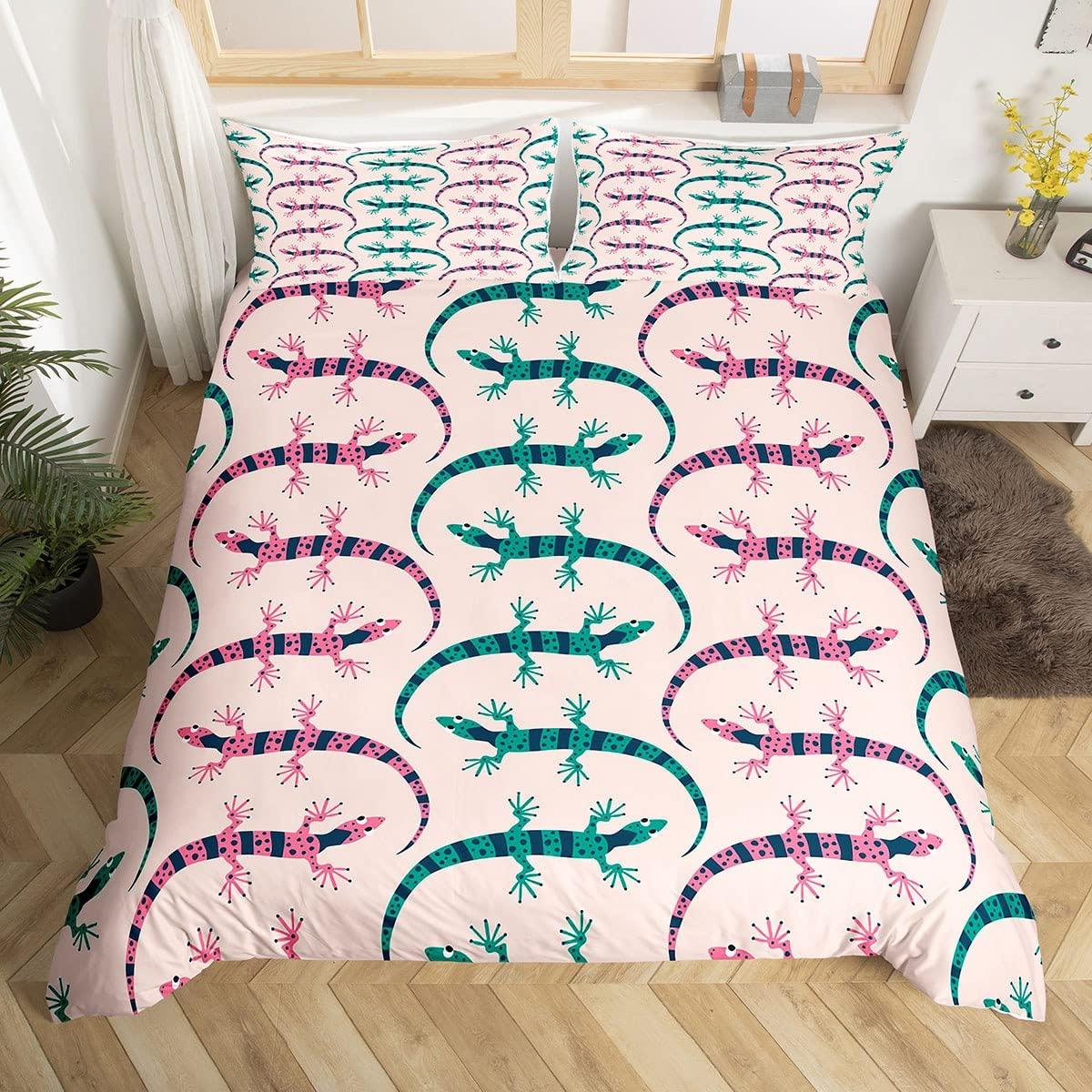 

Lizard Reptiles Duvet Cover Gift for Boys Girls Funny Gecko Bedding Set Full Queen Microfiber Cute Animal Theme Comforter Cover EU King(240x220cm)