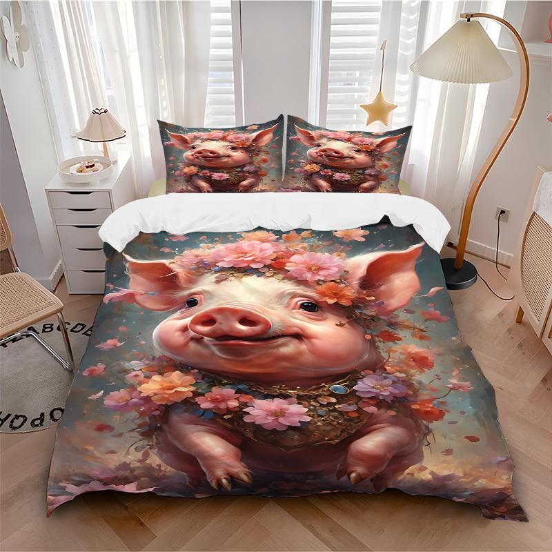 3pcs Floral Pig Bedding Set - 1 Duvet Cover + 2 Pillowcases(Core Not Included), Machine Washable Polyester, All-Season Comfort, Bedroom Deco