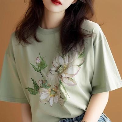 Summer Retro Trend Personalized Printed Short Sleeved T-shirt for Women, Casual and Simple Temperament Versatile Top