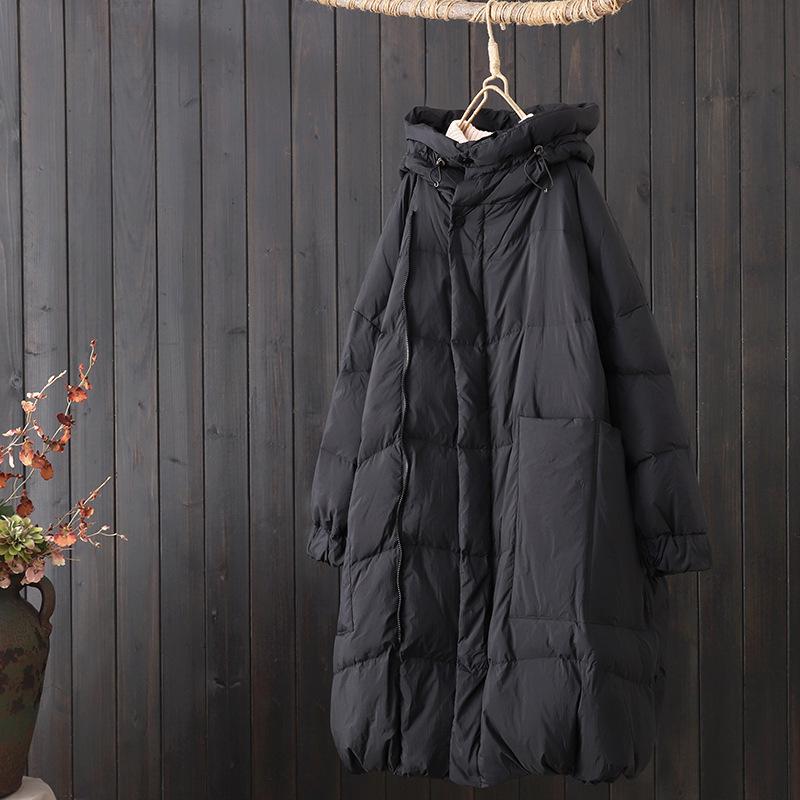 Women's 2023 Winter Hooded Duck Down Jacket with Oblique Placket, Mid-Length, Over-the-Knee, and Zipper.