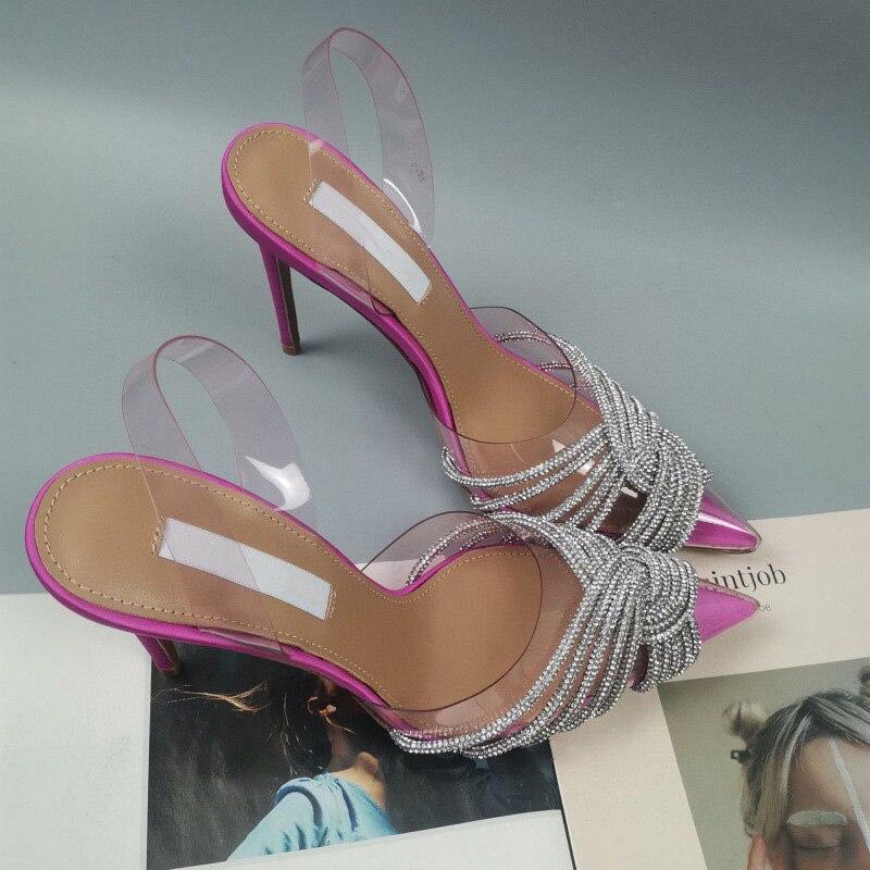 

Женские сандалии с острым носком и кристаллами, прозрачные женские туфли-лодочки на тонком высоком каблуке без шнуровки, однотонные пикантные женские летние модные новые туфли 35 розы красного