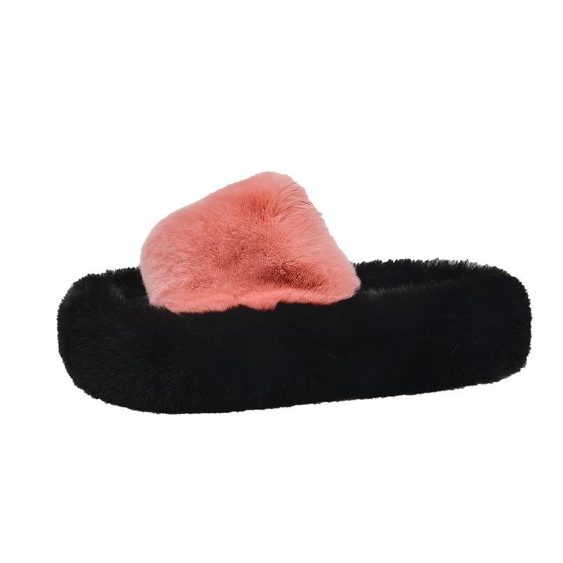 Trendy Hairy Slippers for Women 2024 Autumn Winter Collection Plush Thick Bottom Home Lazy One Word Cotton Slippers for Outwear