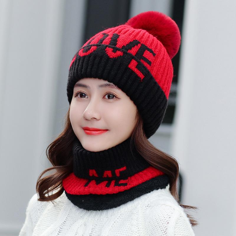 Hat Scarf Set Ladies Winter Fleece Thickened Wool Hat Tide Letter LOVE Knitted Cycling Hat
