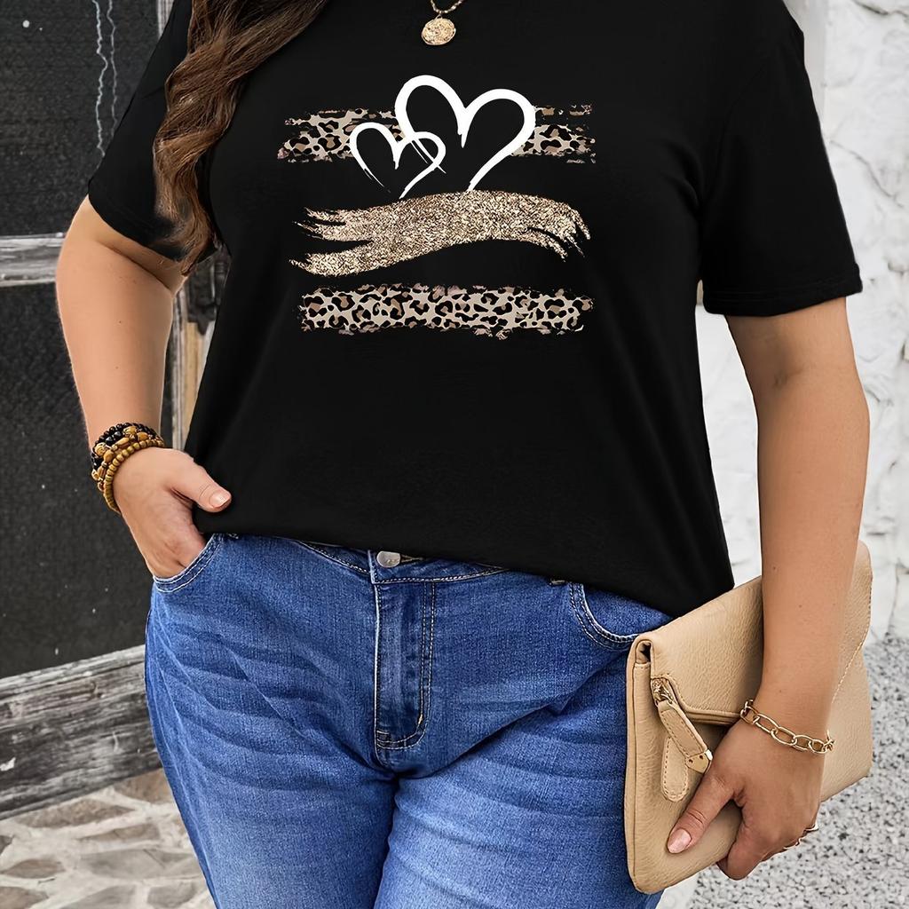New T-shirt Leopard Print Heart Pattern Black T-shirt