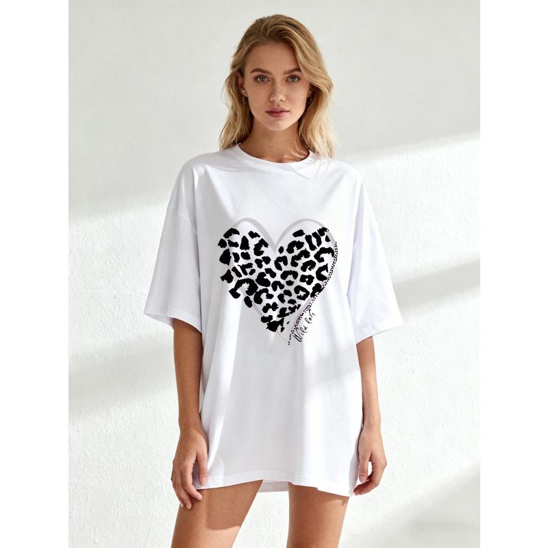 Oversized T Shirt Black Heart Leopard Print Graphic Loose Fit Casual Wear For Women Summer Outfit Streetwear Fashion Trendy Top