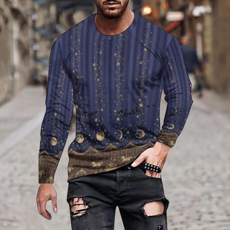 Night Sky Pattern T-Shirt For Men Colorful Star Moon 3D Printed T Shirts Autumn Casual Loose Round Neck Tops Tees Long Sleeves