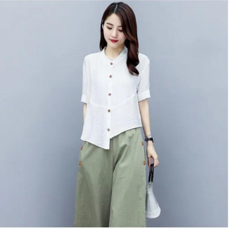 

Женский элегантный костюм в этническом стиле, однотонный топ с короткими рукавами и литературным дизайном + широкие брюки, комплект из двух предметов 2XL