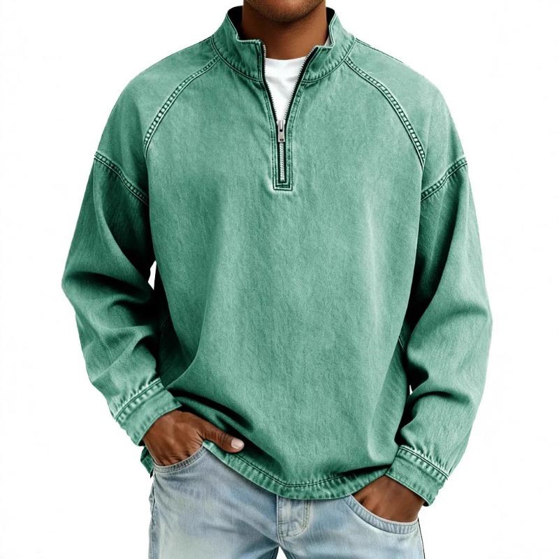 New Men's Tops Retro Fashion Long Sleeve Tees Zipper Stand Collar Long Sleeve T-shirt