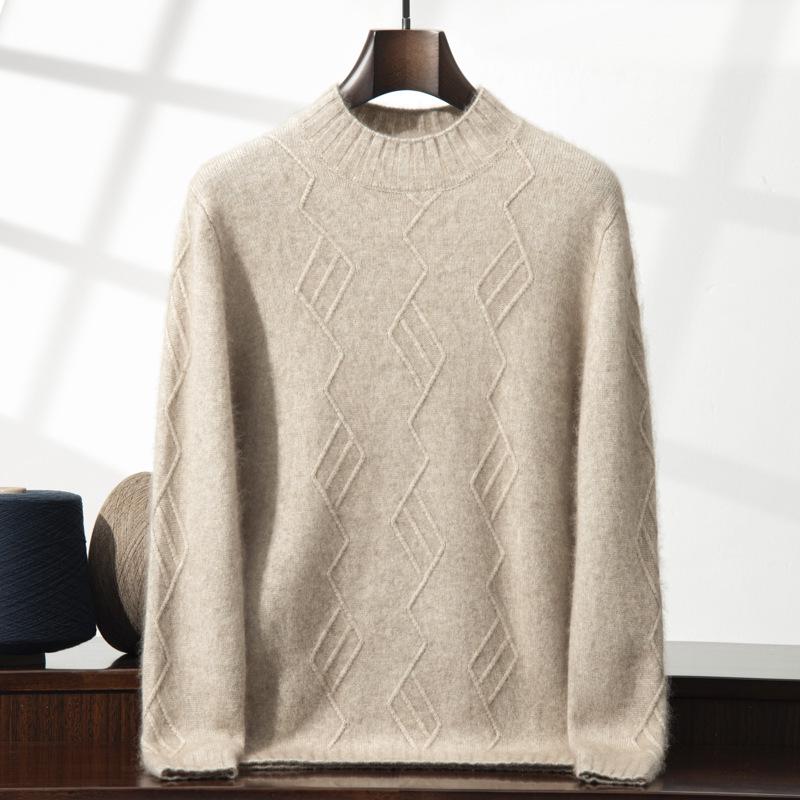 Men's Cashmere Diamond Pattern Round Neck Loose Knit Sweater, Long Sleeve Pullover for Autumn & Winter.