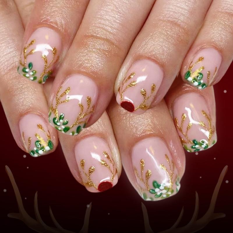 Festive Press On Nail 24Pieces With Shine Deer Snowflake Pattern Fake Nail Easy Application Christmas Party Accessories 1