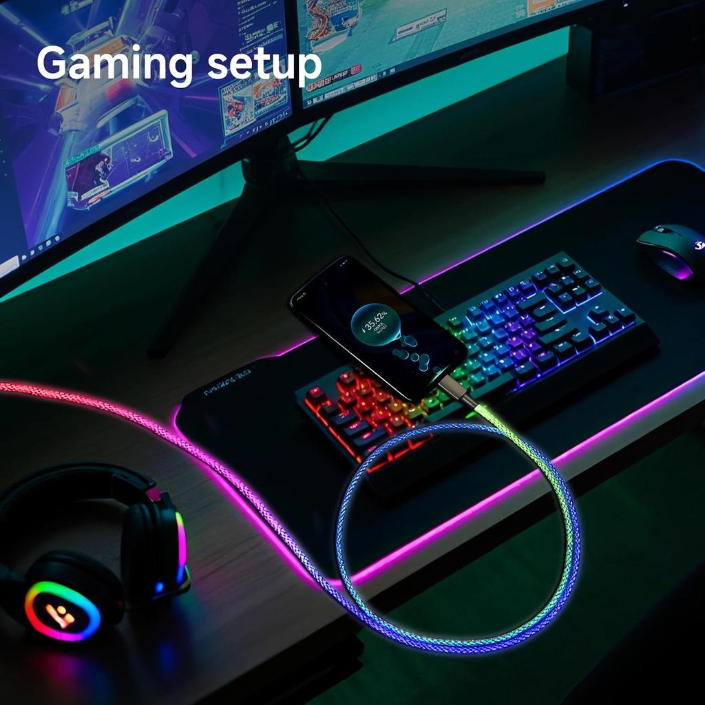 USB to USB C Cable, LED Light Up for Camping,100W Fast Charging, RGB Breathing Charger Cord for iPhone 16 15 Galaxy S10 S10+, LG V30, and More