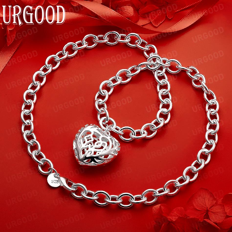 925 Sterling Silver Openwork Art Heart Necklace - Banquet Gift Jewelry 45CM