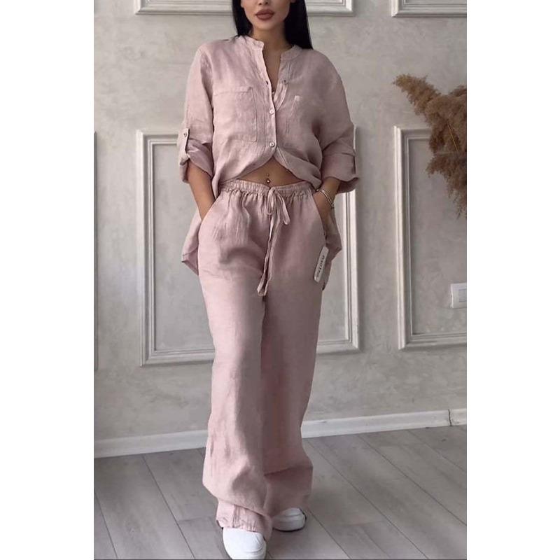 Spring Autumn Women's Plain Single-Breasted Long Sleeve Shirt Wide Leg Trousers Lacing Pants Suit