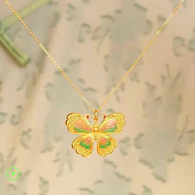 Flower Elegant Silk Enamel Butterfly Ring And Pendant Jewelry Set In Color Golden