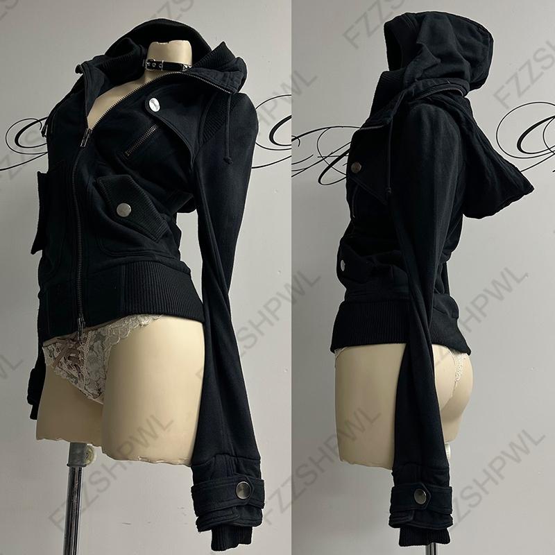 VAYLA Y2K Harajuku Gothic Damen Kapuzenpullover Sexy Schlank Schick Wildleder Pelzkragen Buchstabenprint Strickjacke Sweatshirt Ästhetisch Damen Streetwear